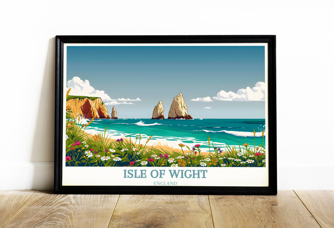 A vibrant art print featuring The Needles Lighthouse on the Isle of Wight, with calm seas and a clear blue sky in the background, perfect for wall decor or as a travel-themed gift.
