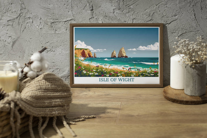 Detailed wall art of the Isle of Wight landscape, showcasing lush greenery and the iconic cliffs, rendered in bright and inviting colors, ideal for enhancing any rooms decor.