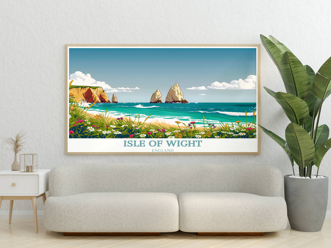 A classic travel poster of the Isle of Wight, featuring vintage style art with bold text and a retro design, capturing the essence of this beloved travel destination.