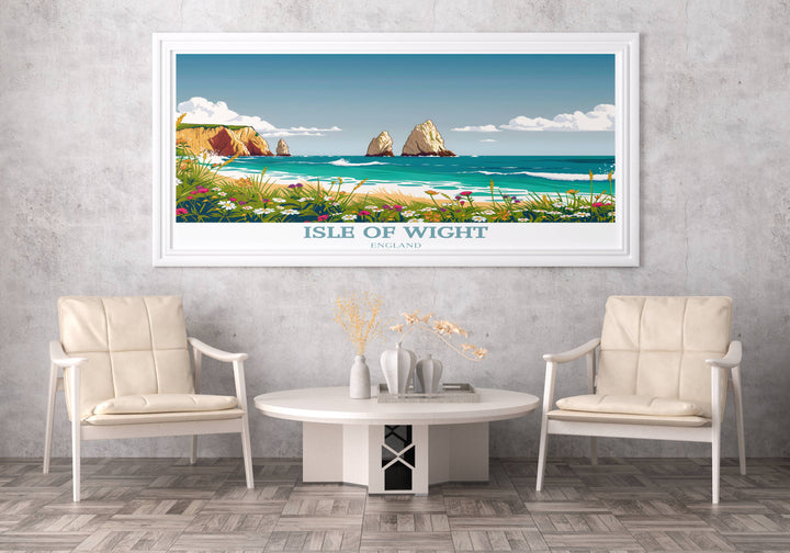 An elegant Isle of Wight art print displaying the picturesque coastline with boats sailing on serene waters, capturing the tranquil beauty of the island.