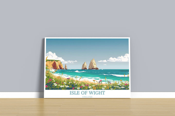 Minimalist Isle of Wight wall art focusing on The Needles Lighthouse, using soft watercolor shades to depict the light reflecting off the water at sunset.