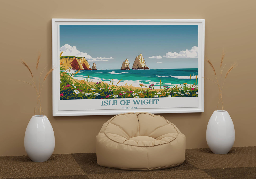 A colorful depiction of the Isle of Wight in a travel print that emphasizes the island’s popular spots in a playful, artistic style, perfect as a gift for England lovers.