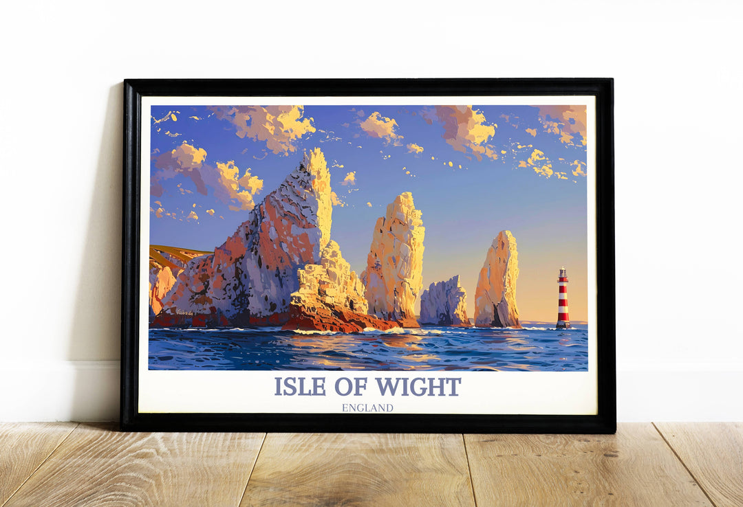 Artistic depiction of The Needles Lighthouse on the Isle of Wight, showing the landmark with a backdrop of a fiery sunset and calm sea waters, perfect for home decor.