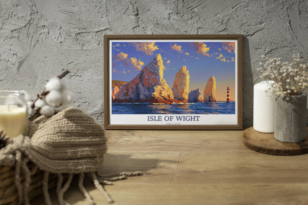 Vibrant Isle of Wight travel print featuring a panoramic view of the islands coast, with colorful beach huts lined up along the sandy shore, ideal for a living room or office.