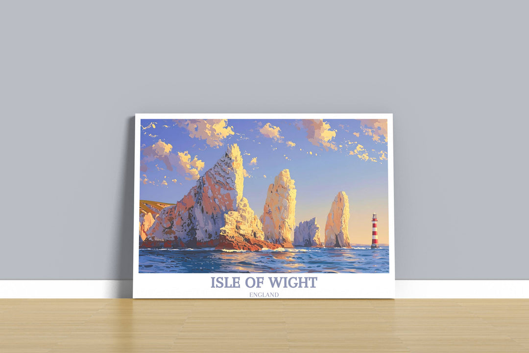 Retro-style Isle of Wight travel poster, featuring bold text and a classic 1950s design aesthetic, showcasing the islands attractions, perfect for a vintage decor enthusiast.