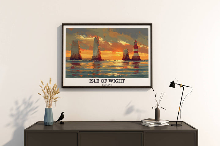 Minimalist silhouette art of The Needles Lighthouse against a stark, monochrome background, emphasizing form and space, suitable for a sleek, contemporary decor style.