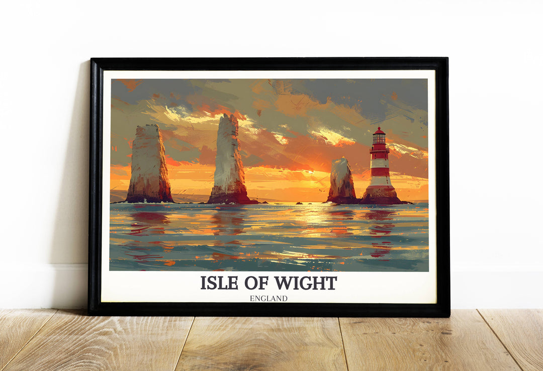 Vibrant print capturing the serene sunset at The Needles Lighthouse on Isle of Wight, with vivid oranges and pinks reflecting off the sea, ideal for coastal themed decor.
