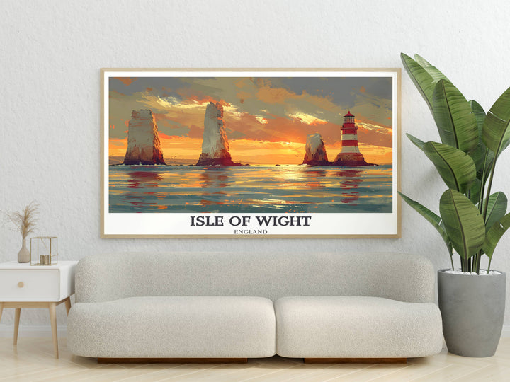 Bold graphic travel poster of Isle of Wight, featuring iconic landmarks in a vibrant, modern style, ideal for a contemporary home office or den.
