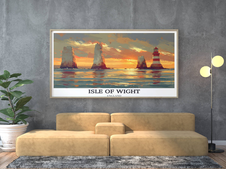 Bold graphic travel poster of Isle of Wight, featuring iconic landmarks in a vibrant, modern style, ideal for a contemporary home office or den.