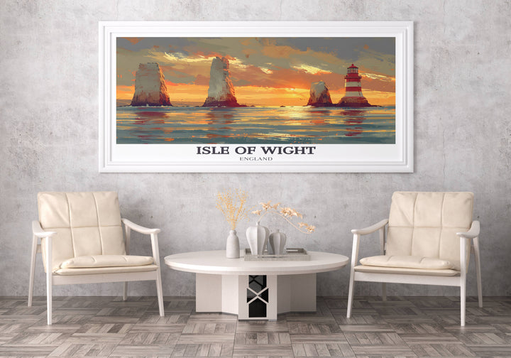Soft watercolor landscape showing Isle of Wights coastal cliffs and verdant fields, offering a peaceful and calming view, perfect for a bedroom or relaxation area.