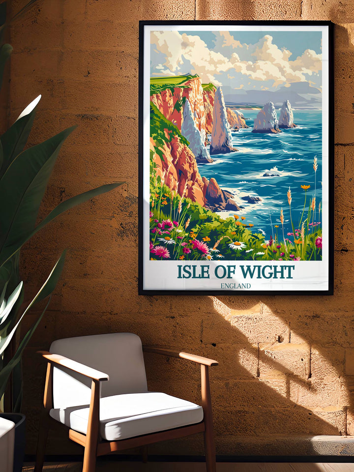 Early morning light at The Needles Lighthouse, with the first rays of sun casting golden hues on the lighthouse, ideal for a calming and inspiring artwork in a sunroom or breakfast nook.