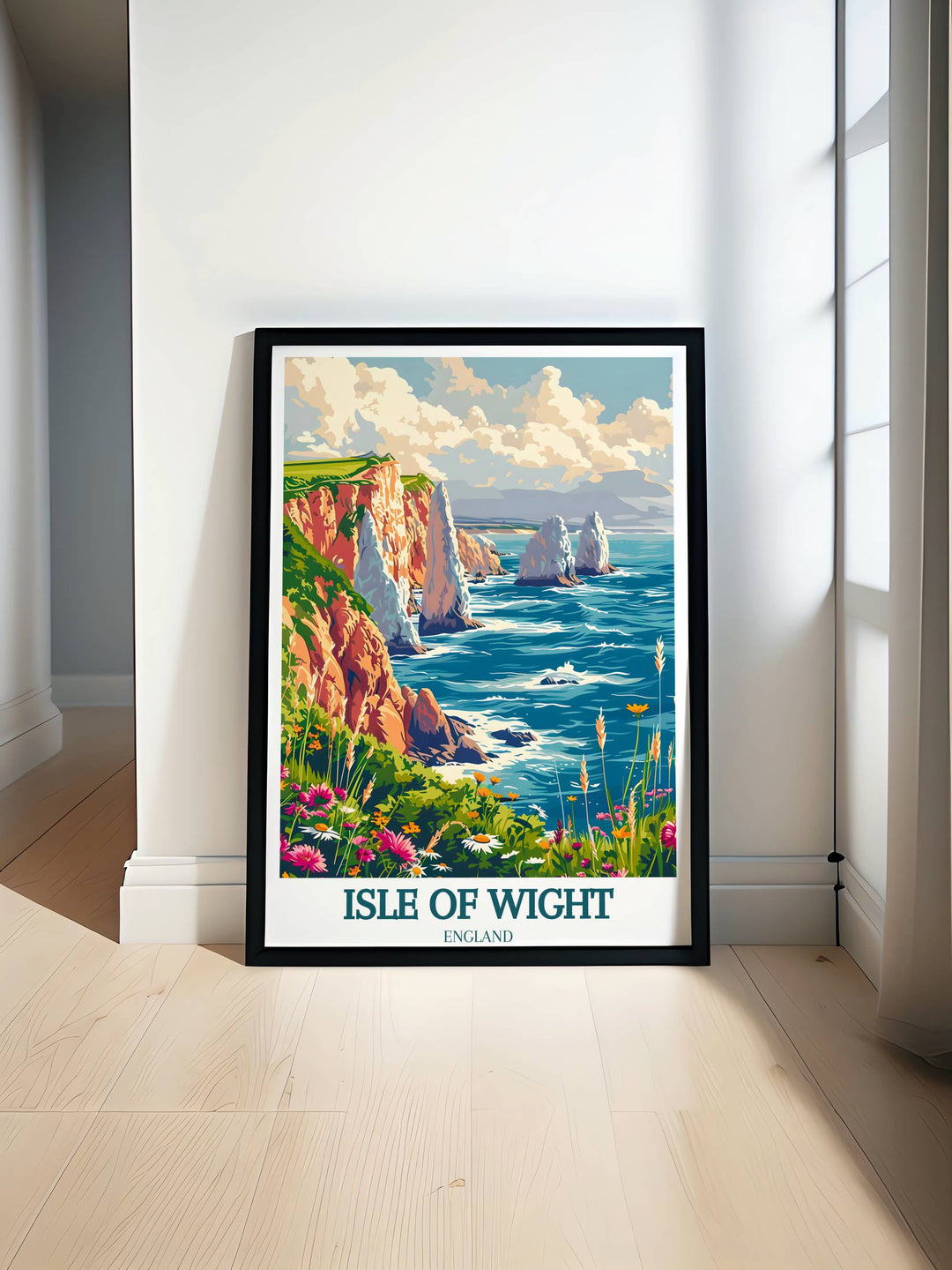 Panoramic art print of The Needles Lighthouse at sunset, showcasing the iconic structure against a backdrop of fiery skies and calm seas, ideal for any home decor.