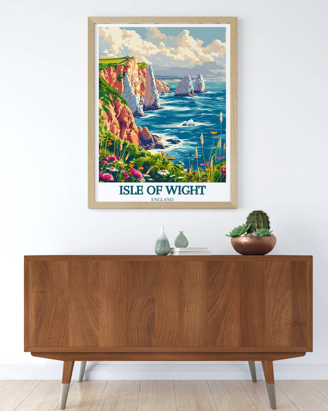 Historical portrayal of The Needles Lighthouse in a vintage style, reminiscent of early 20th-century travel posters, perfect for adding a nostalgic touch to a study or living room.