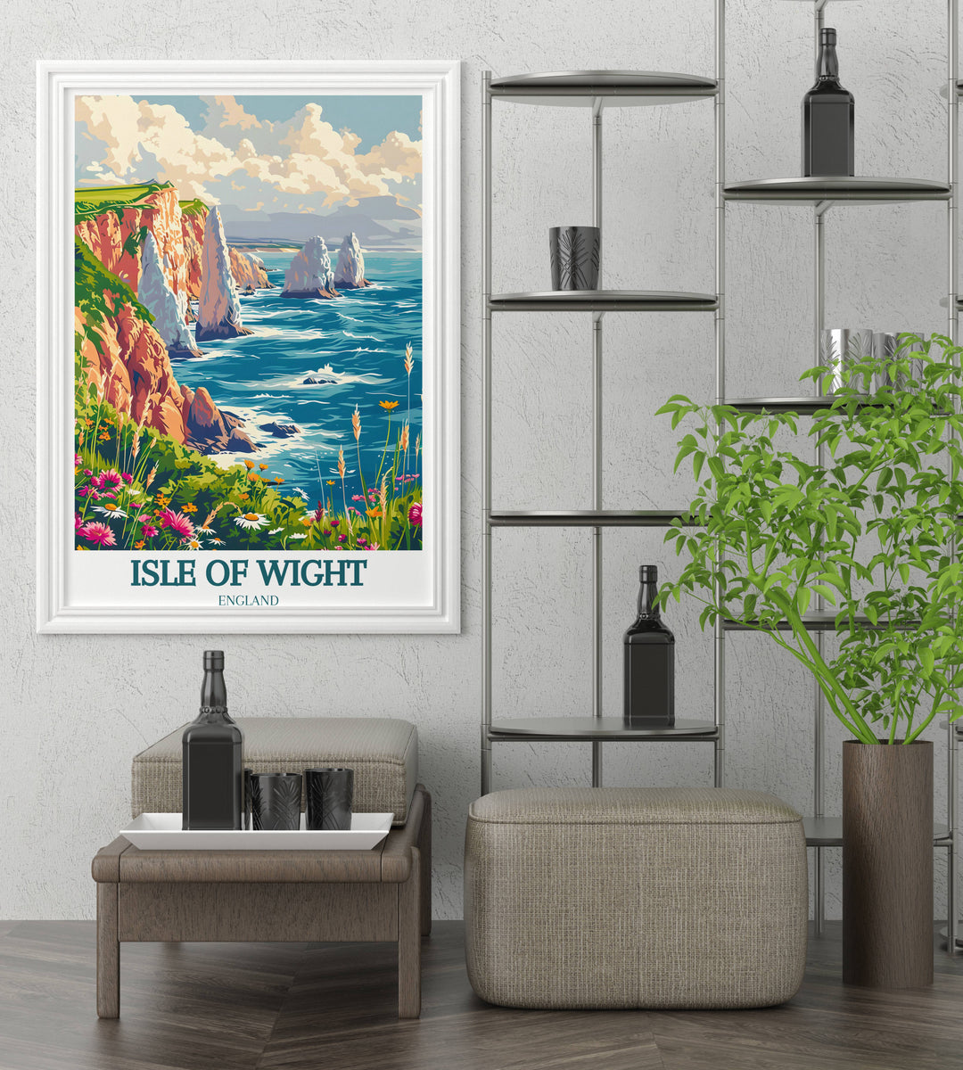 Abstract interpretation of The Needles Lighthouse using bold colors and expressive brush strokes to capture the emotional essence of the landmark, ideal for modern art enthusiasts.