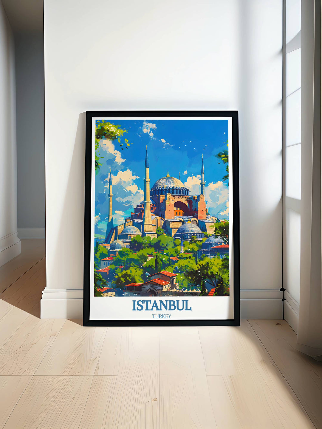 Vibrant Istanbul city print showcasing the Hagia Sophia, capturing its architectural grandeur and historical significance in Turkish culture.