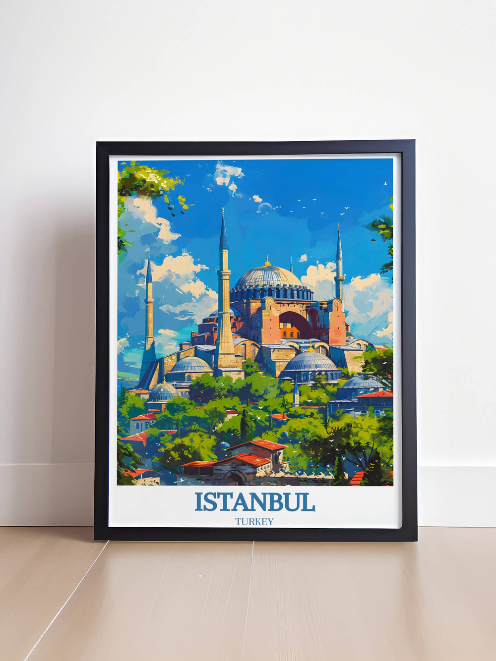 Istanbul travel poster featuring the Hagia Sophia, ideal for those who admire its majestic domes and intricate design from the Byzantine era.
