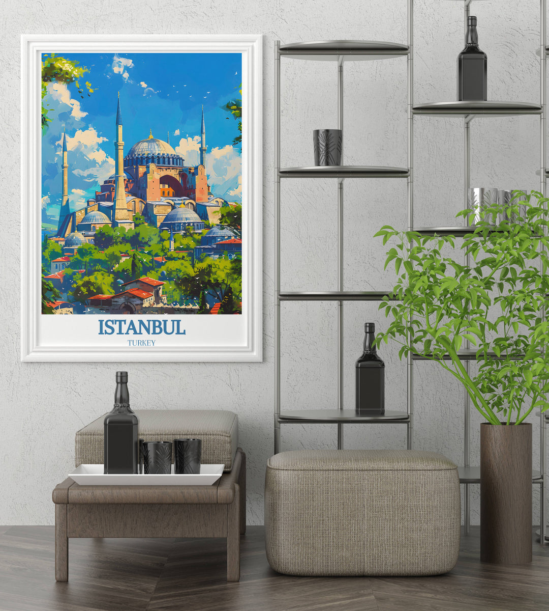 Artistic rendition of the Hagia Sophia in a tranquil morning setting, available as an Istanbul travel poster for lovers of serene landscapes.