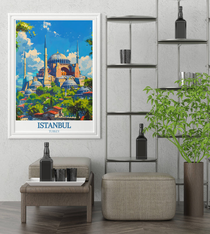 Artistic rendition of the Hagia Sophia in a tranquil morning setting, available as an Istanbul travel poster for lovers of serene landscapes.