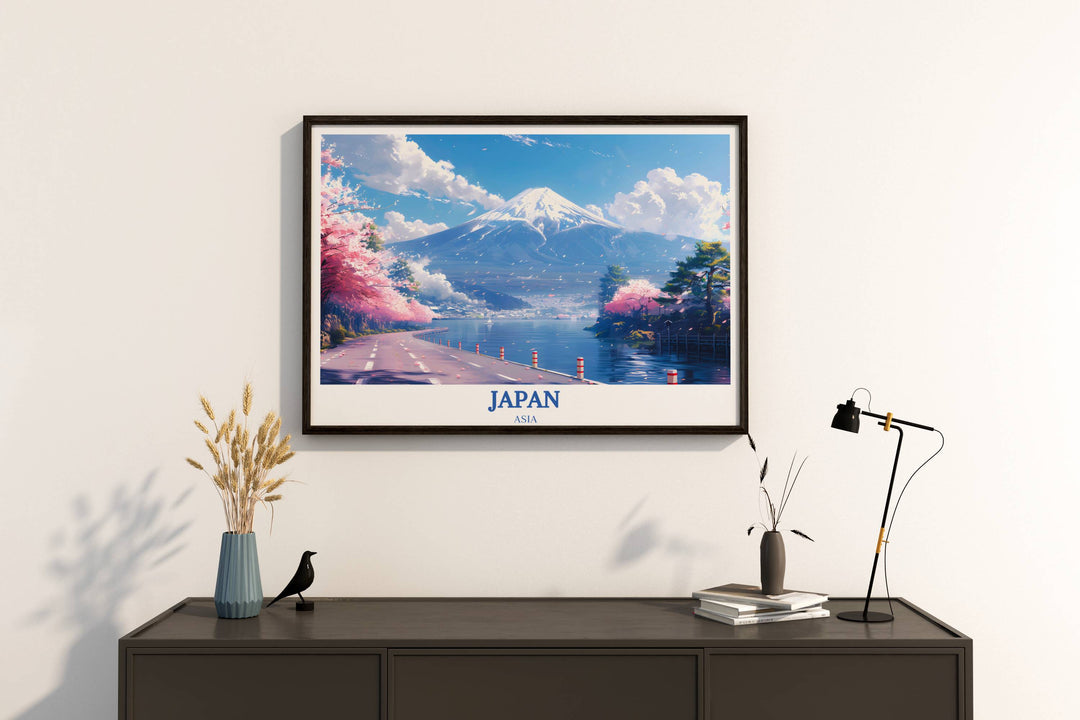 Bring the magic of travel into your home with this Mt Fuji Travel-inspired artwork, a stunning representation of Japans iconic landscapes that ignites the imagination and stirs the soul.