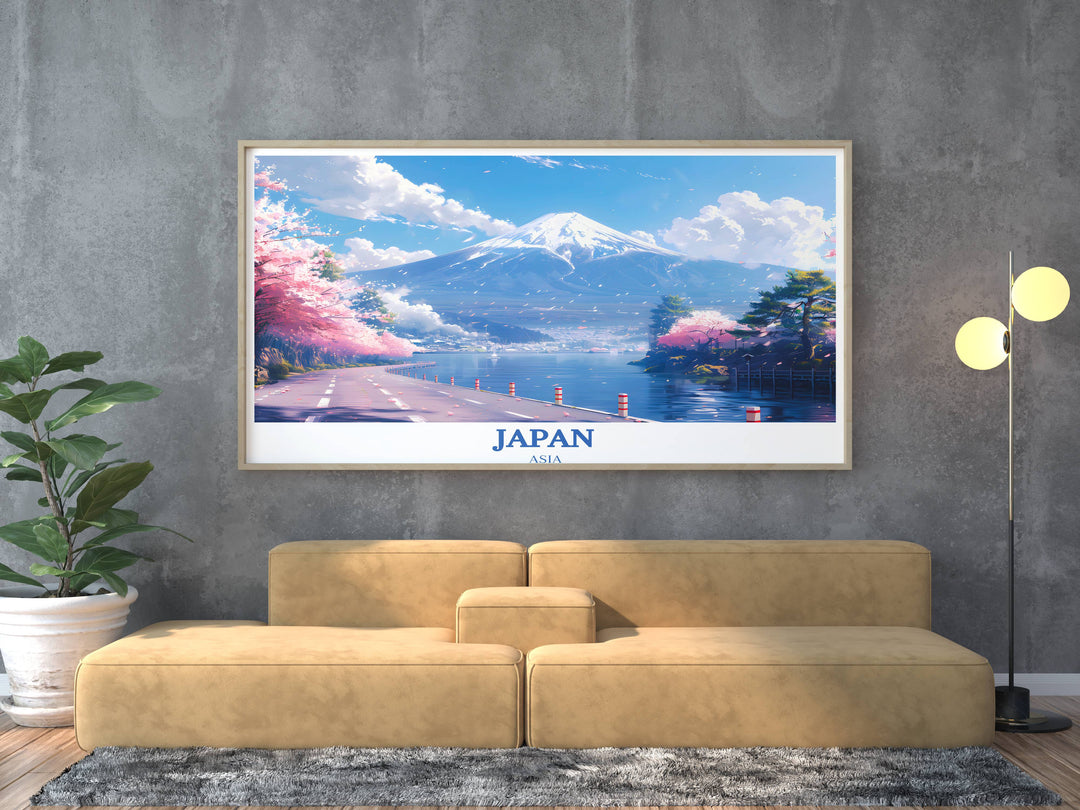 Immerse yourself in the beauty of Japan with this Mt Fuji Artwork, a breathtaking depiction of the iconic peak that serves as a captivating focal point for any room.