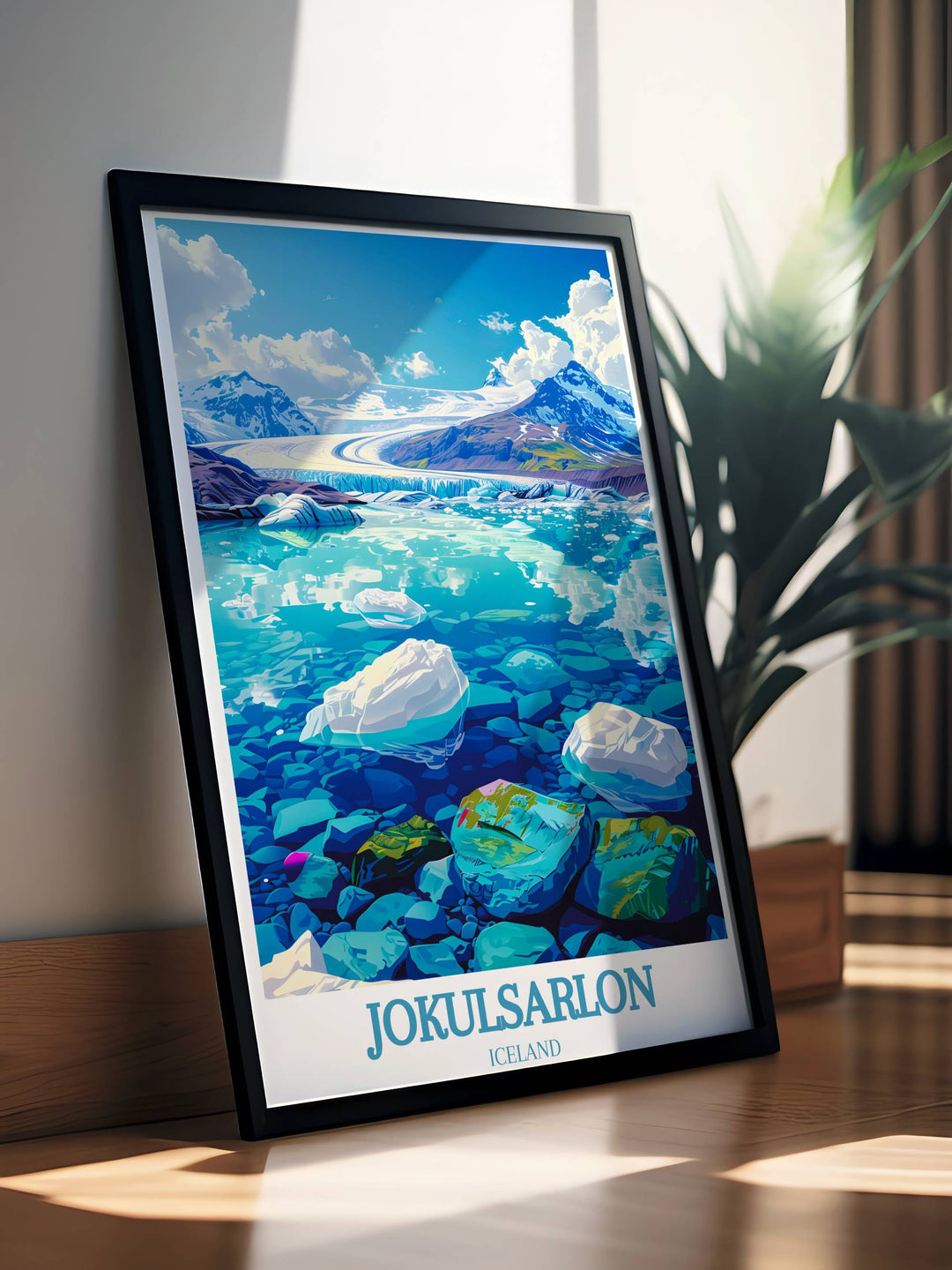 Adorn your walls with the beauty of Jokulsarlon Glacier Lagoon captured in this travel poster, a perfect gift for adventurers