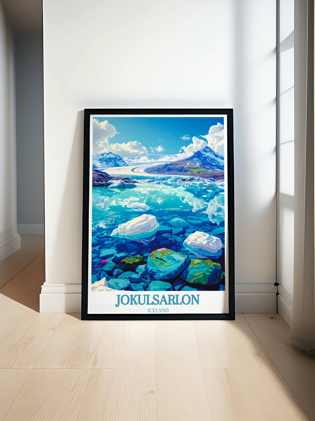 Tranquil beauty of Jokulsarlon Glacier Lagoon depicted in this watercolor print, perfect for Europe travel poster gifts