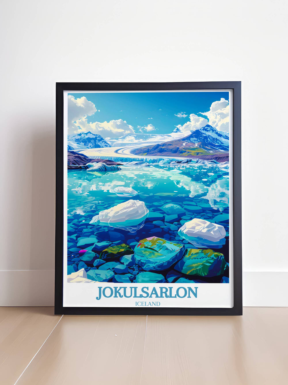 Serene waters of Jokulsarlon Lagoon captured in this Icelandic landscape photo, ideal for South Iceland wall decor