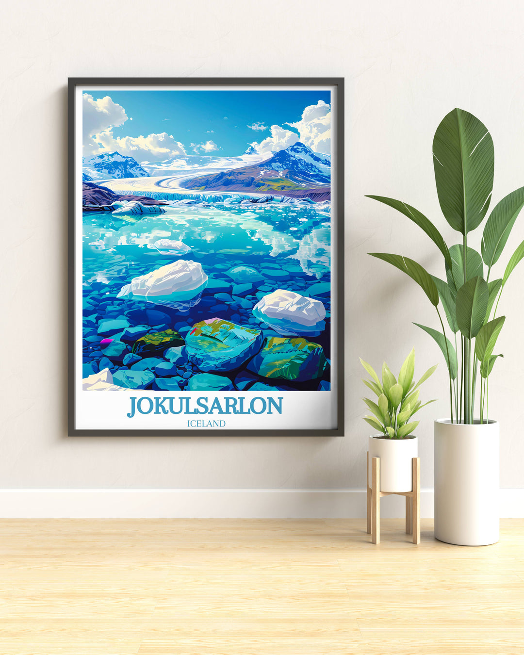 Capture the essence of Jokulsarlon Glacier Lagoon with this travel print, an ideal housewarming gift for nature lovers