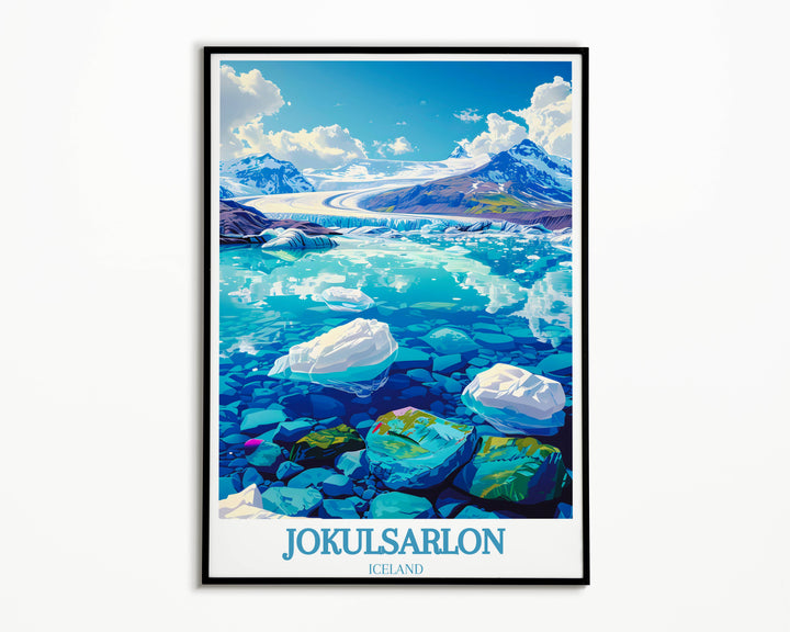 Transform your home with the allure of South Iceland through this Jokulsarlon Lagoon watercolor print, a timeless addition to any space
