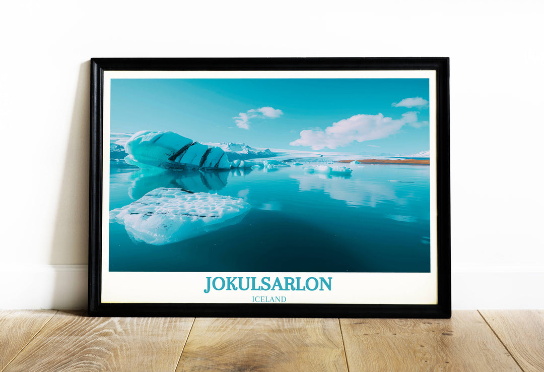 Serene waters of Jokulsarlon Glacier Lagoon captured in this Icelandic landscape printable photo, perfect for Europe travel poster gifts