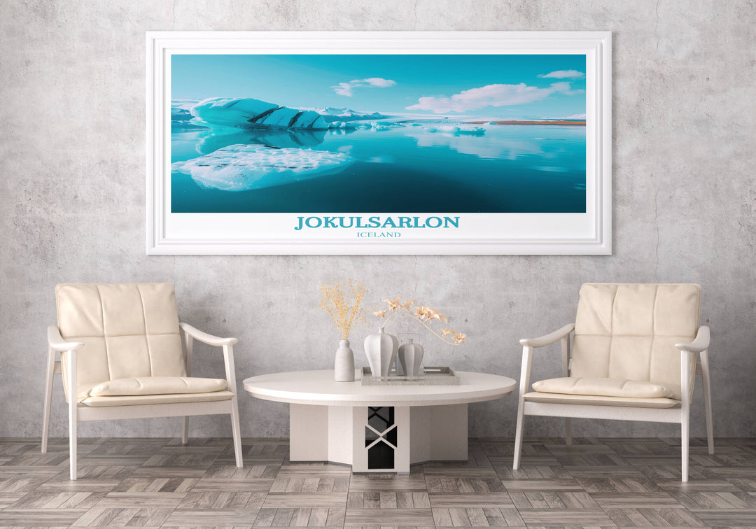 Icelandic landscape printable photo featuring the majestic Jokulsarlon Glacier Lagoon, ideal for travel prints and travel posters.