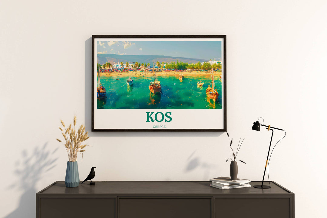 Greek Islands art print, presenting Kos in all its glory, from the azure seas to the bustling villages, a splendid gift for any occasion.