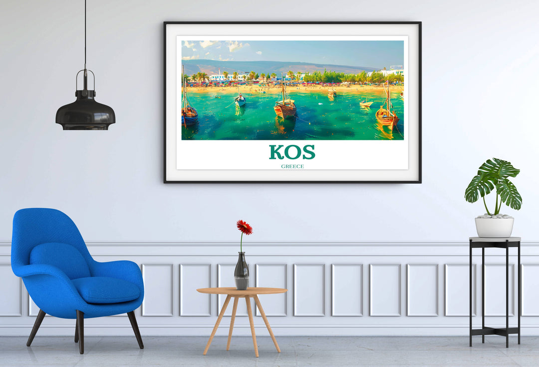 Travel poster featuring the panoramic landscapes of Kos, from its sandy beaches to its rocky hills, ideal for a stunning visual display.