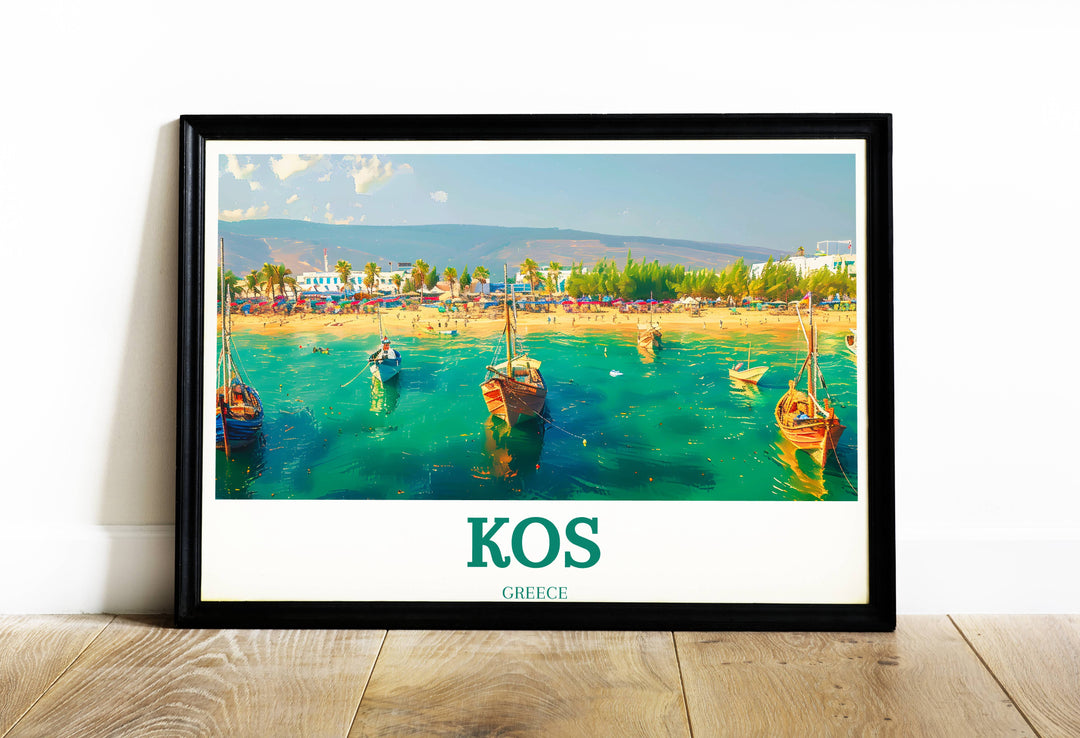 Vibrant Greek Islands art print displaying the stunning beaches and historic ruins of Kos, ideal for enhancing any home decor.