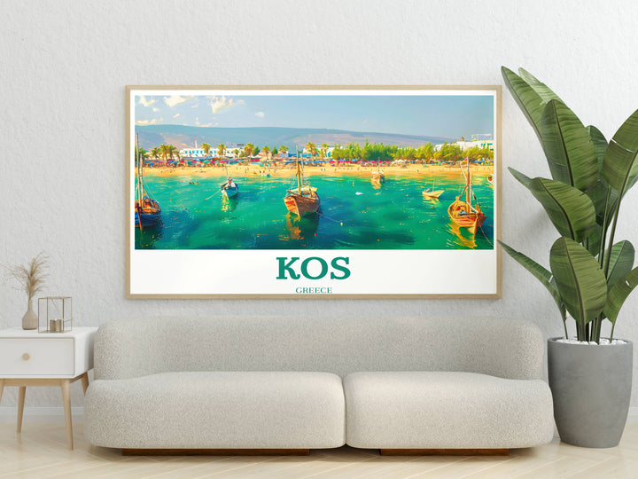 Artistic print of Kos featuring the islands picturesque marina and traditional houses, great for adding a Mediterranean touch to interiors.