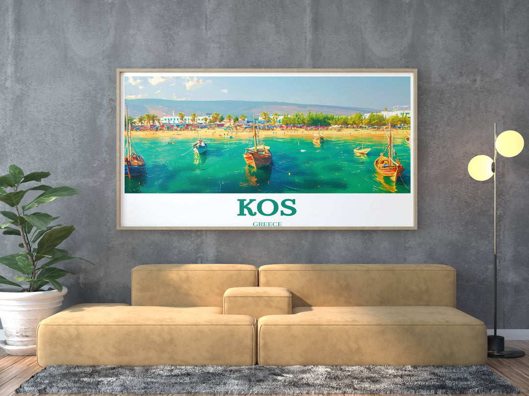 Detailed wall art print of Kos, Greece, emphasizing the island's vibrant flora and charming architecture, suitable for any room setting.