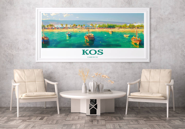 Greek Islands travel poster with a focus on the tranquil waters and lush greenery of Kos, designed to inspire and captivate viewers.