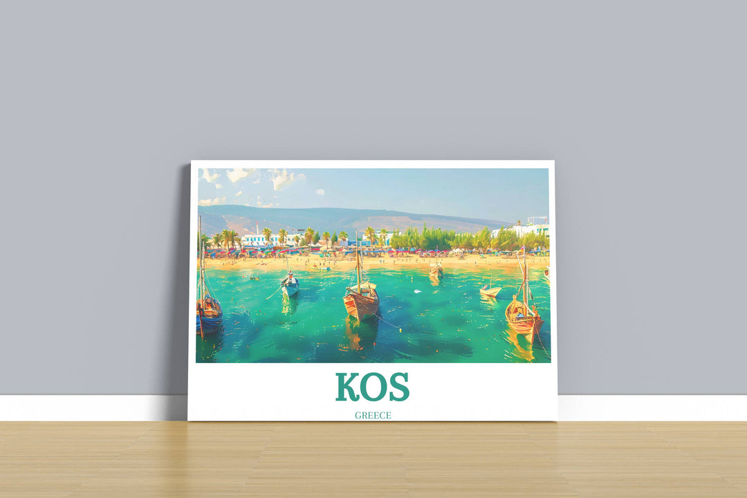 Kos travel print showcasing a sunset view over the islands iconic coastline, ideal for bringing warmth and beauty to living spaces.