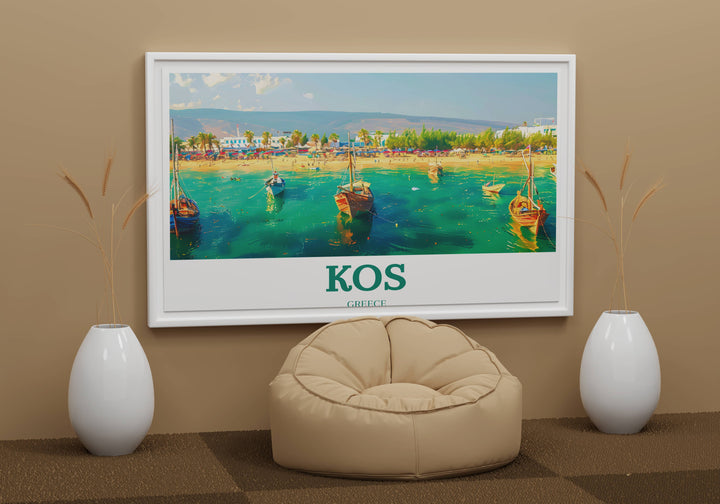Elegant depiction of Kos island life, with vivid colors capturing the lively markets and quaint cafes, perfect for Greek culture enthusiasts.