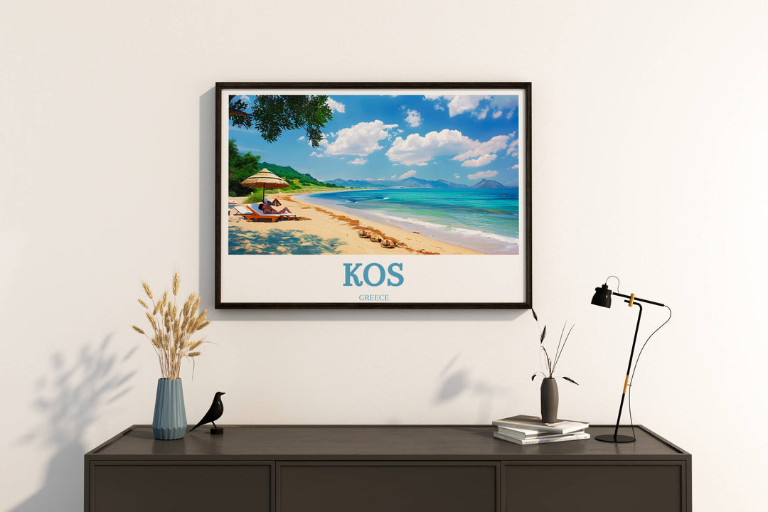Artistic representation of Kos, Greece, with vivid colors and artistic flair, ideal for gifting to fans of Greece or collectors of travel posters.