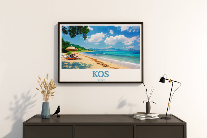 Artistic representation of Kos, Greece, with vivid colors and artistic flair, ideal for gifting to fans of Greece or collectors of travel posters.