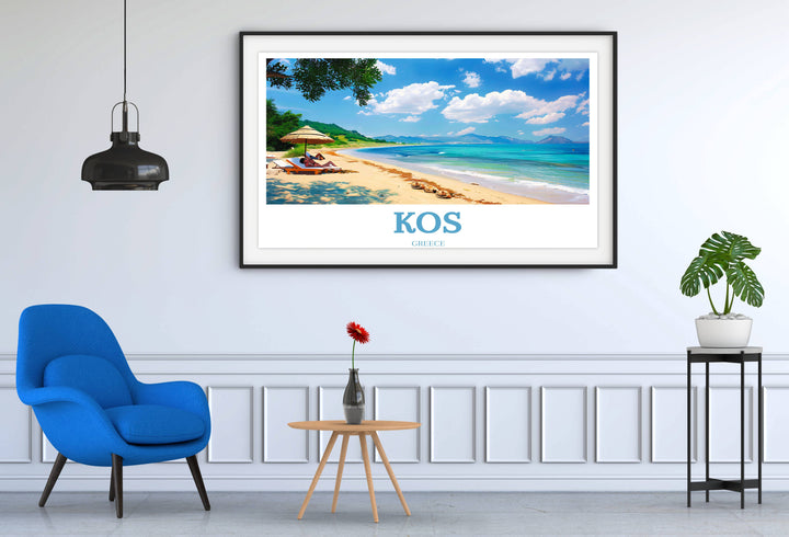 Kos travel print portraying the famous windmills and azure seas of the island, a captivating piece of art for any travel enthusiast.