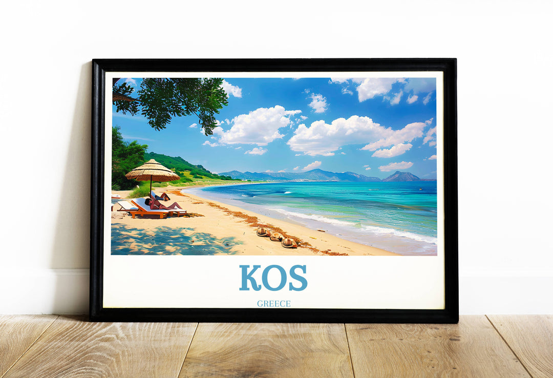 Beautiful travel poster of Kos, Greece showcasing the vibrant landscapes and crystal-clear waters of the Greek Islands, perfect for wall art enthusiasts.