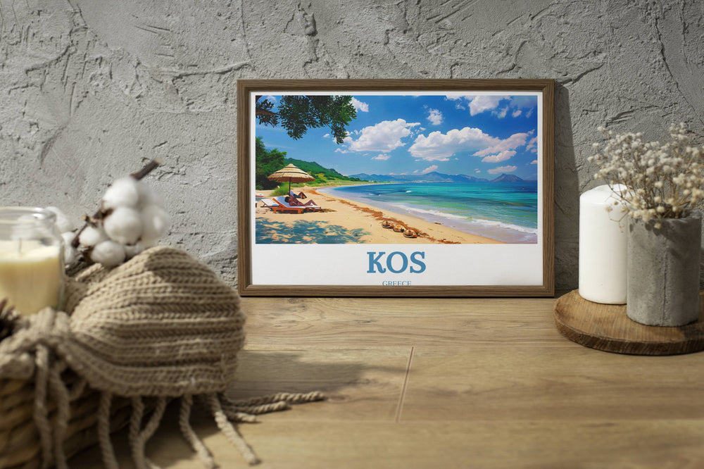 Vibrant Greek Islands art print featuring the picturesque views of Kos, ideal for adding a touch of Greece to any living space or office.