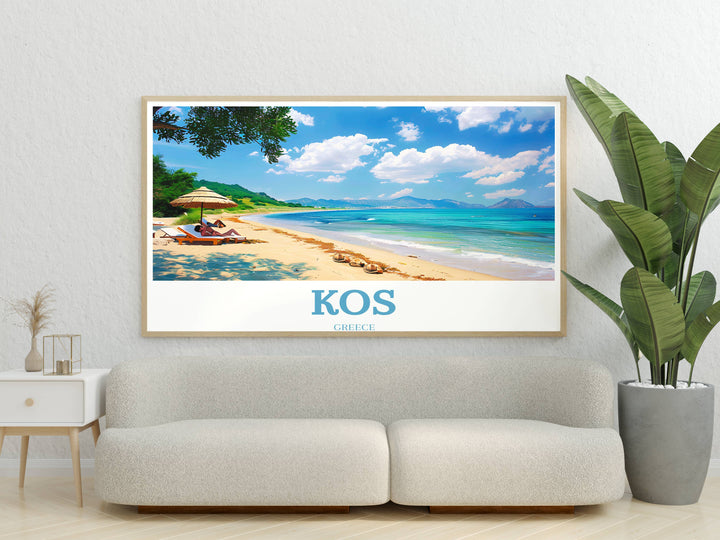 High-quality wall art print of Kos Island, Greece, capturing the stunning natural beauty and serene beaches, great as a housewarming gift.