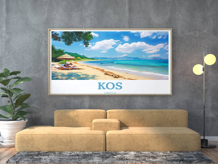 Scenic travel poster of Kos with a panoramic view of the island, highlighting its rich history and breathtaking coastlines, suitable for any room.