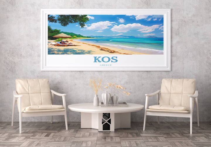 Detailed artwork of Kos, Greece displaying the island's unique architecture and lush landscapes, perfect for lovers of Greek culture and travel.
