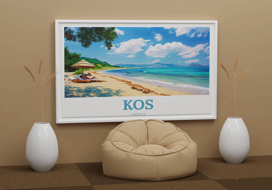 Greek Islands travel poster featuring the iconic scenes of Kos, crafted to inspire wanderlust and enhance any home art collection.