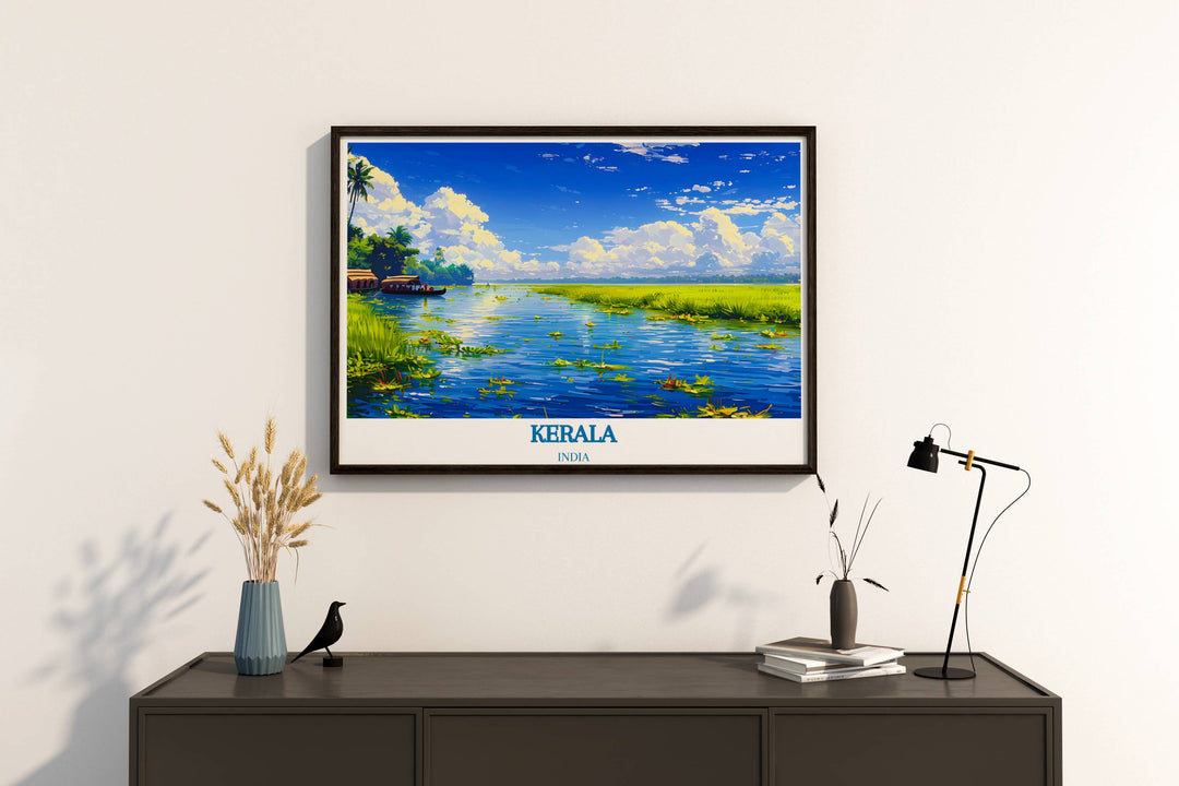 Modern wall decor showcasing Alleppey backwaters with traditional Keralan houseboats floating under palm trees.