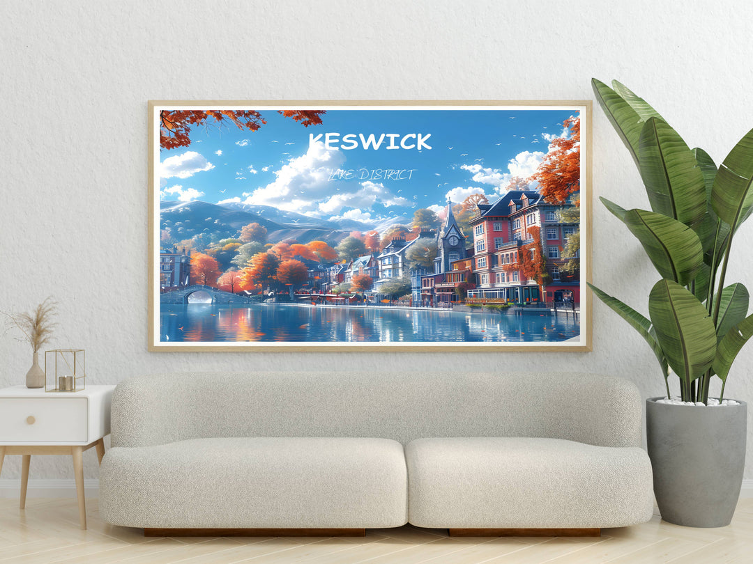 Detailed wall art featuring a panoramic view of the UK countryside, where lush fields meet quaint villages, depicted in rich, saturated colors that bring the scene to life.